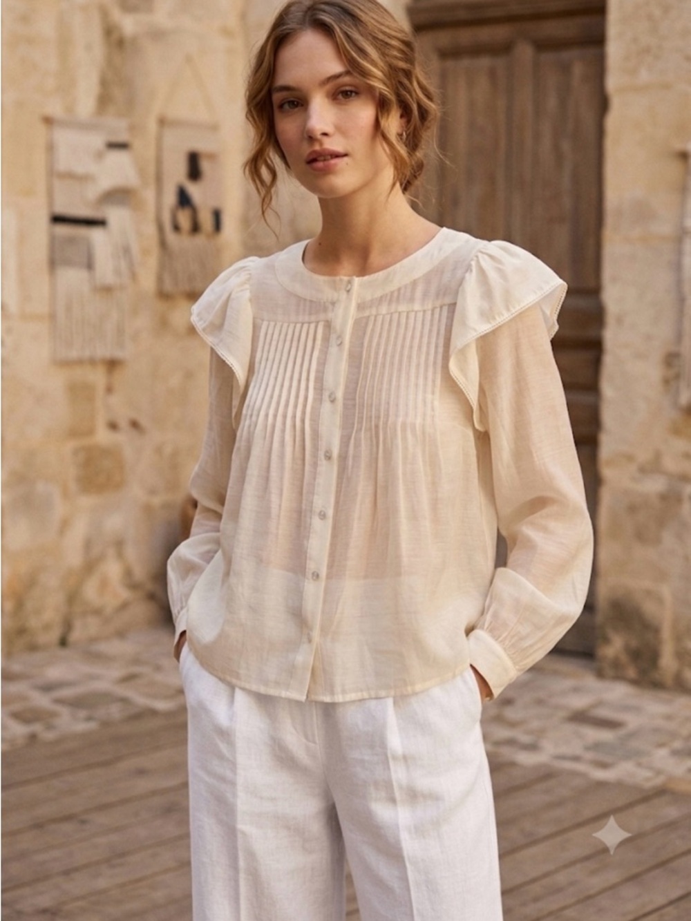 Lightweight Cream Ruffle-Yoke Button Front Blouse
